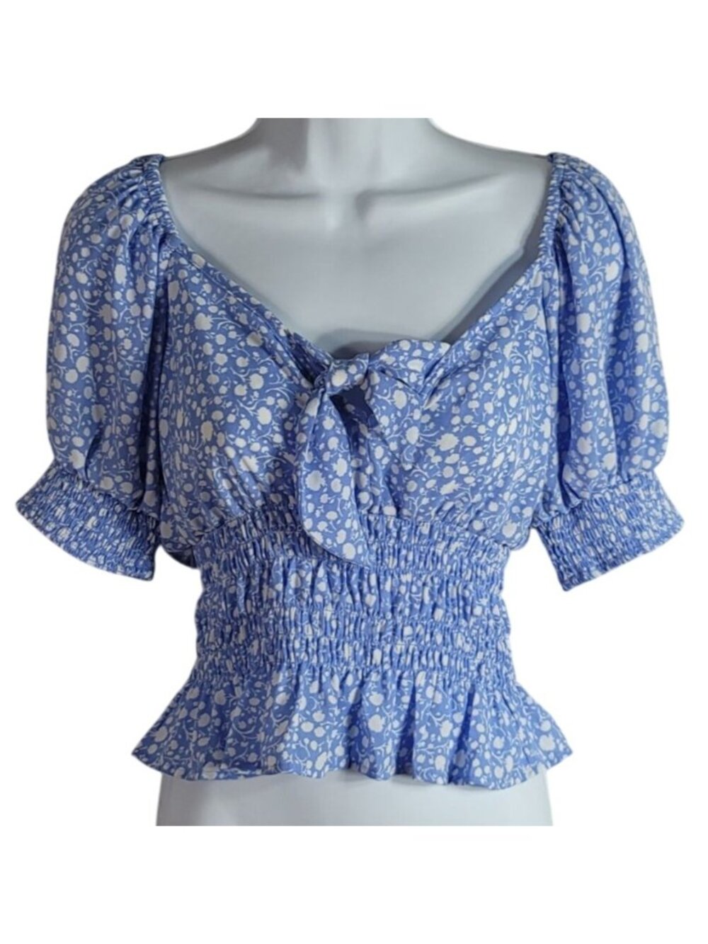 Sienna Sky Smock Peasant Top Blue Small Scoop Neck Crop Floral Prairie Boho NEW